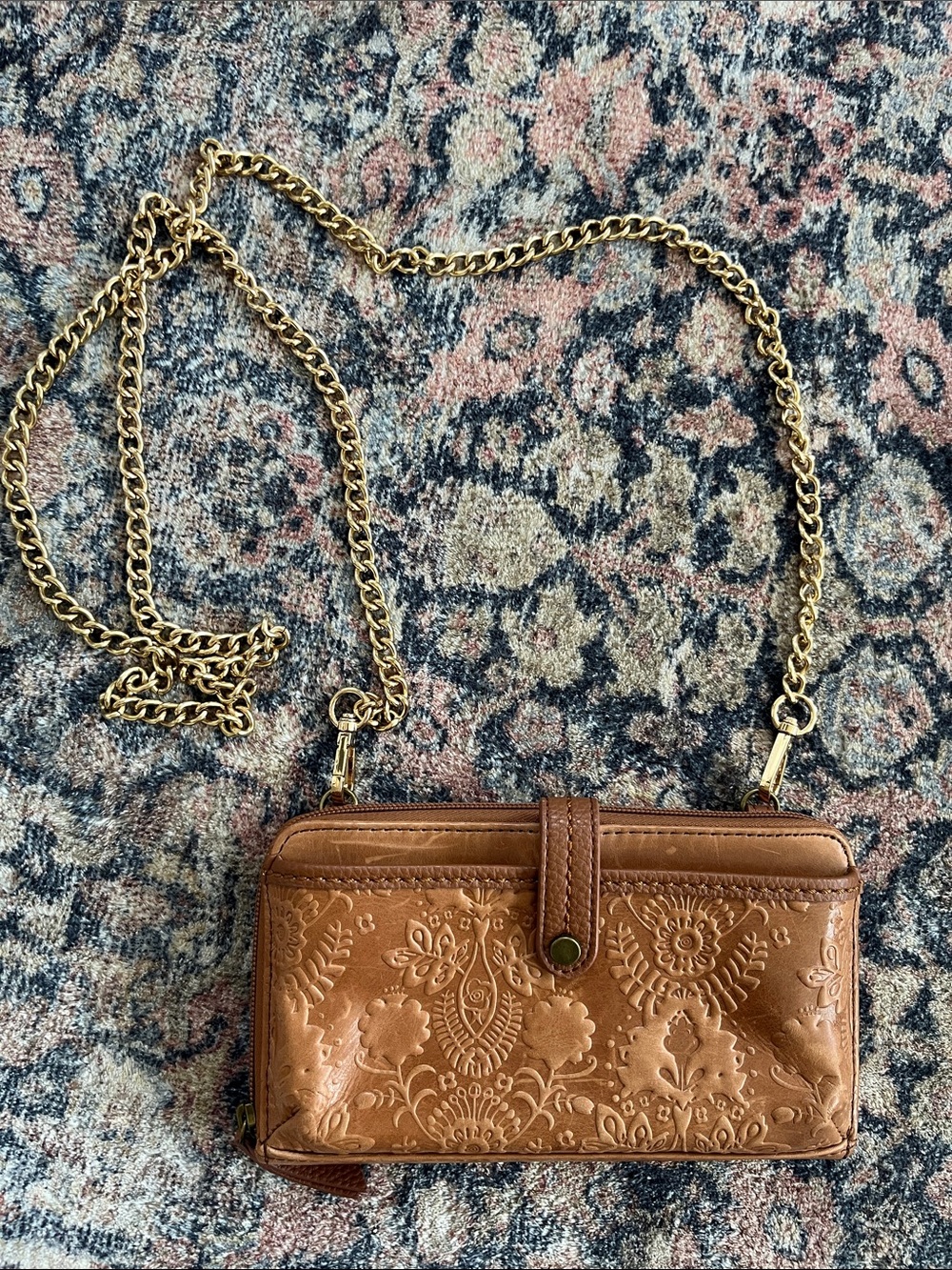 The Sak Embossed Floral Leather Crossbody - Brown with Gold Chain